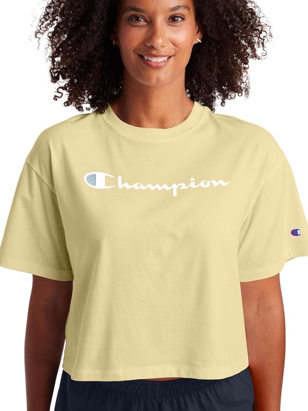 Champion Cropped Tee in Pale Yellow with White Logo